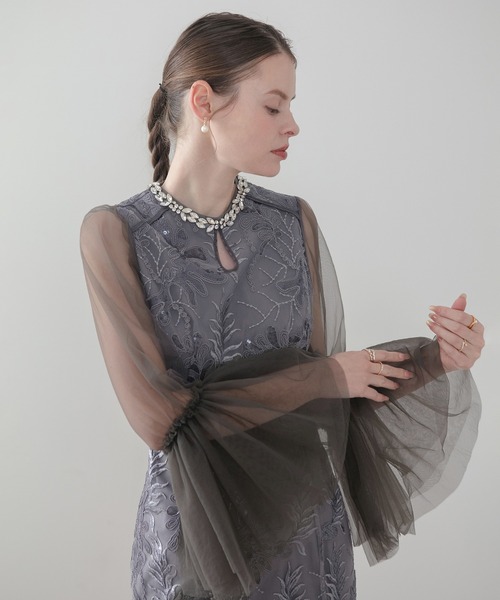 Leja(レジャ)の「【LEJA】ビジューネックスパンコールチュールフレアスリーブマーメイドワンピースドレス美脚効果結婚式 パーティードレス 成人式 二次会 同窓会 お呼ばれ オケージョン 20代 30代(ドレス・レディース・ブラウン/グレイッシュブルー・SMALL/MEDIUM)」の5枚目の写真