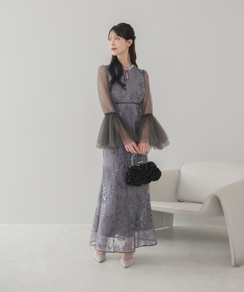 Leja(レジャ)の「【LEJA】ビジューネックスパンコールチュールフレアスリーブマーメイドワンピースドレス美脚効果結婚式 パーティードレス 成人式 二次会 同窓会 お呼ばれ オケージョン 20代 30代(ドレス・レディース・ブラウン/グレイッシュブルー・SMALL/MEDIUM)」の11枚目の写真