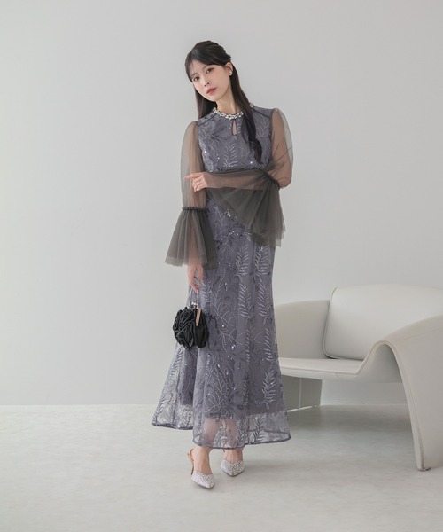Leja(レジャ)の「【LEJA】ビジューネックスパンコールチュールフレアスリーブマーメイドワンピースドレス美脚効果結婚式 パーティードレス 成人式 二次会 同窓会 お呼ばれ オケージョン 20代 30代(ドレス・レディース・ブラウン/グレイッシュブルー・SMALL/MEDIUM)」の10枚目の写真