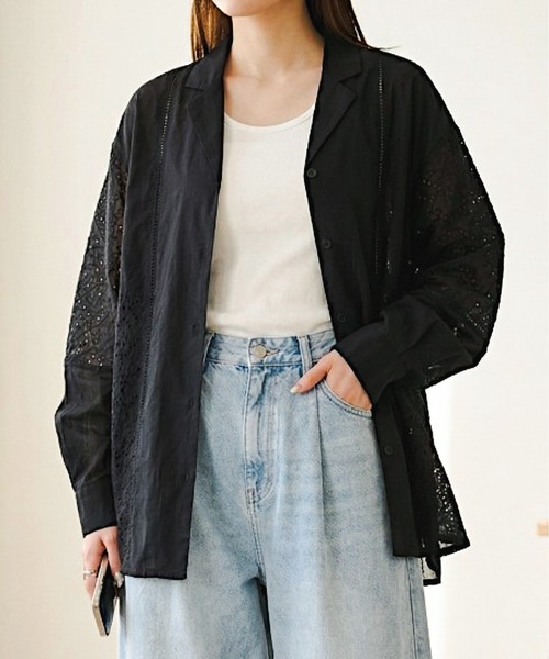 Per sist ence（パーシエンス）の「ローンレースルーズオープンカラーシャツ（シャツ/ブラウス・レディース・ブラック/オフホワイト・ONE SIZE）」の5枚目の写真
