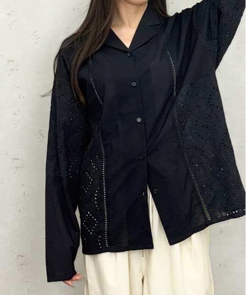 Per sist ence（パーシエンス）の「ローンレースルーズオープンカラーシャツ（シャツ/ブラウス・レディース・ブラック/オフホワイト・ONE SIZE）」の6枚目の写真
