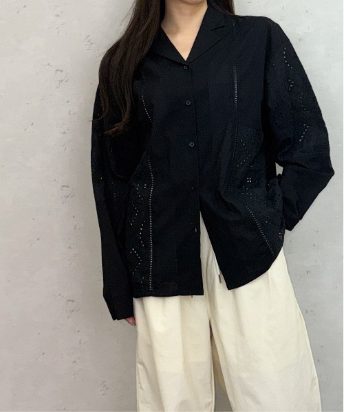 Per sist ence（パーシエンス）の「ローンレースルーズオープンカラーシャツ（シャツ/ブラウス・レディース・ブラック/オフホワイト・ONE SIZE）」の10枚目の写真