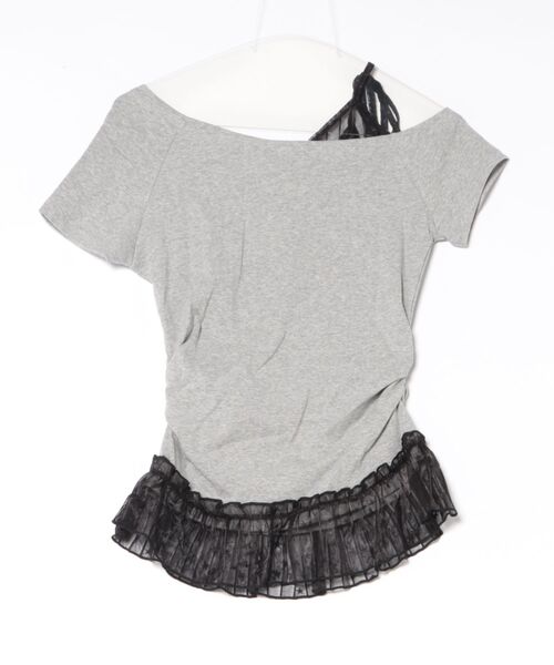 HOOK（フック）の「HOOK for girls　星×ロゴプリント フリルヘム ワンショルダー半袖トップス (SS)（Tシャツ/カットソー・レディース・グレー/ホワイト・FREE）」の5枚目の写真