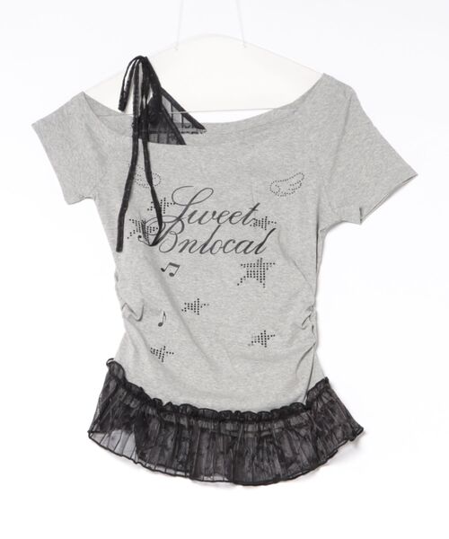 HOOK（フック）の「HOOK for girls　星×ロゴプリント フリルヘム ワンショルダー半袖トップス (SS)（Tシャツ/カットソー・レディース・グレー/ホワイト・FREE）」の3枚目の写真