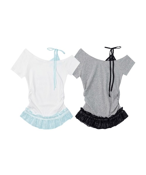HOOK（フック）の「HOOK for girls　星×ロゴプリント フリルヘム ワンショルダー半袖トップス (SS)（Tシャツ/カットソー・レディース・グレー/ホワイト・FREE）」の10枚目の写真