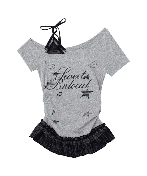 HOOK（フック）の「HOOK for girls　星×ロゴプリント フリルヘム ワンショルダー半袖トップス (SS)（Tシャツ/カットソー・レディース・グレー/ホワイト・FREE）」の9枚目の写真