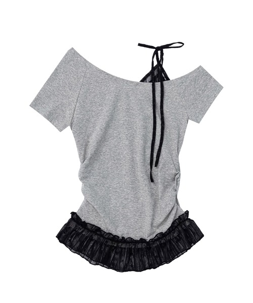 HOOK（フック）の「HOOK for girls　星×ロゴプリント フリルヘム ワンショルダー半袖トップス (SS)（Tシャツ/カットソー・レディース・グレー/ホワイト・FREE）」の8枚目の写真