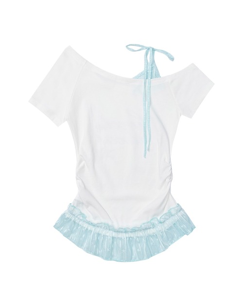 HOOK（フック）の「HOOK for girls　星×ロゴプリント フリルヘム ワンショルダー半袖トップス (SS)（Tシャツ/カットソー・レディース・グレー/ホワイト・FREE）」の6枚目の写真