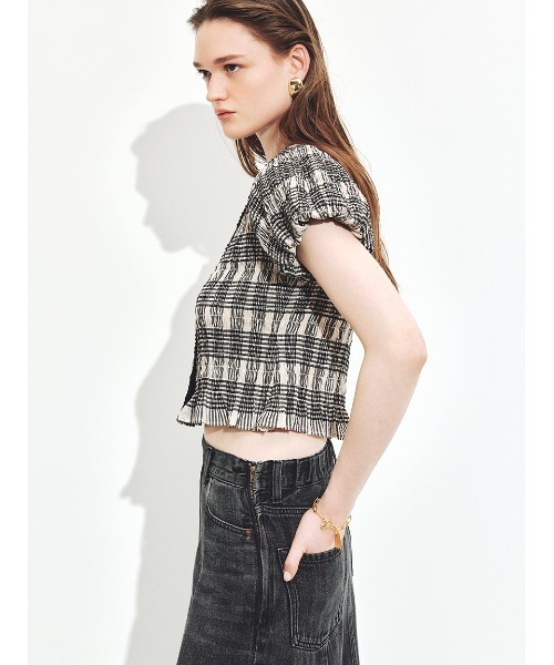 Mila Owen(ミラオーウェン)の「シャーリングブラウス(シャツ/ブラウス・レディース・ホワイト/チェック/ライトブルー/ブラック・1/0)」の6枚目の写真
