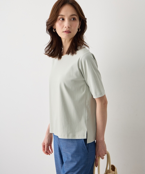 A/C DESIGN BY ALPHA CUBIC(エーシーデザインバイアルファキュービック)の「クルーネックTシャツ【すごツヤ・UVカット・接触冷感】(Tシャツ/カットソー・レディース・ブラック/ブラウン/ライトグリーン/ライトグレー/ブルー/オフホワイト・M/L/LL/3L)」の15枚目の写真