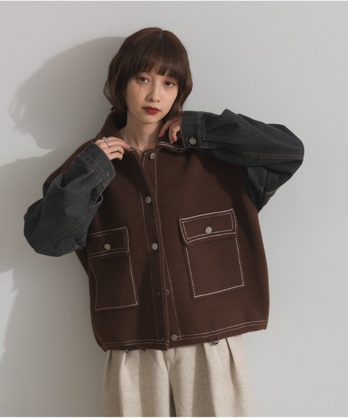 OandI（オーアンドアイ）の「配色ステッチニットジャケットカーディガン（カーディガン/ボレロ・レディース・ブラック/ブラウン/アイボリー・FREE）」の3枚目の写真
