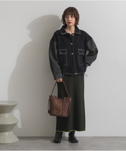 OandI（オーアンドアイ）の「配色ステッチニットジャケットカーディガン（カーディガン/ボレロ・レディース・ブラック/ブラウン/アイボリー・FREE）」の5枚目の写真