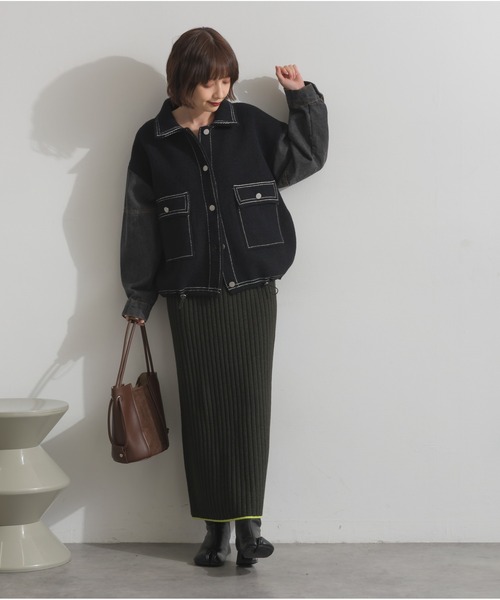 OandI（オーアンドアイ）の「配色ステッチニットジャケットカーディガン（カーディガン/ボレロ・レディース・ブラック/ブラウン/アイボリー・FREE）」の10枚目の写真