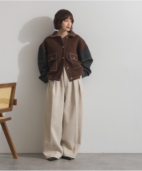 OandI（オーアンドアイ）の「配色ステッチニットジャケットカーディガン（カーディガン/ボレロ・レディース・ブラック/ブラウン/アイボリー・FREE）」の15枚目の写真