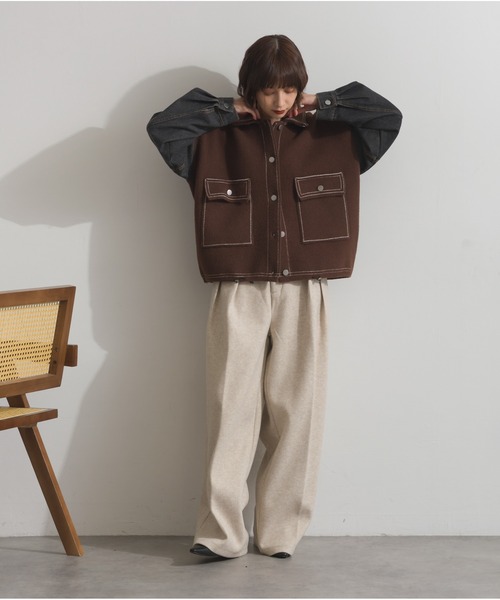 OandI（オーアンドアイ）の「配色ステッチニットジャケットカーディガン（カーディガン/ボレロ・レディース・ブラック/ブラウン/アイボリー・FREE）」の17枚目の写真