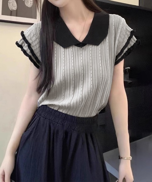 Miniministore(ミニミニストア)の「フリル袖サマーニット ポロブラウス配色襟(Tシャツ/カットソー・レディース・ブルー/ホワイト/グレー/ブラック・FREE)」の3枚目の写真