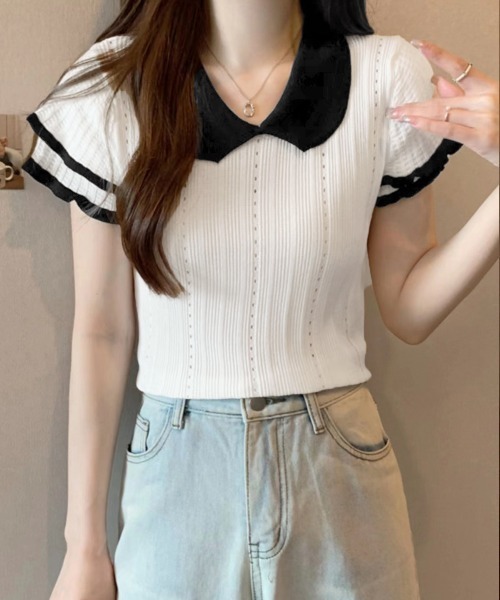 Miniministore(ミニミニストア)の「フリル袖サマーニット ポロブラウス配色襟(Tシャツ/カットソー・レディース・ブルー/ホワイト/グレー/ブラック・FREE)」の1枚目の写真
