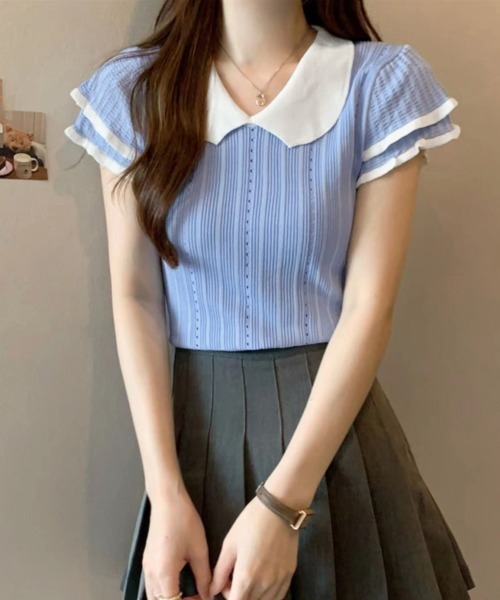 Miniministore(ミニミニストア)の「フリル袖サマーニット ポロブラウス配色襟(Tシャツ/カットソー・レディース・ブルー/ホワイト/グレー/ブラック・FREE)」の4枚目の写真