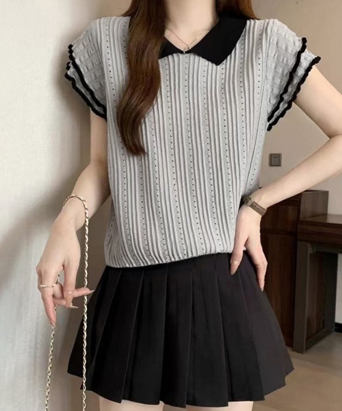 Miniministore(ミニミニストア)の「フリル袖サマーニット ポロブラウス配色襟(Tシャツ/カットソー・レディース・ブルー/ホワイト/グレー/ブラック・FREE)」の18枚目の写真