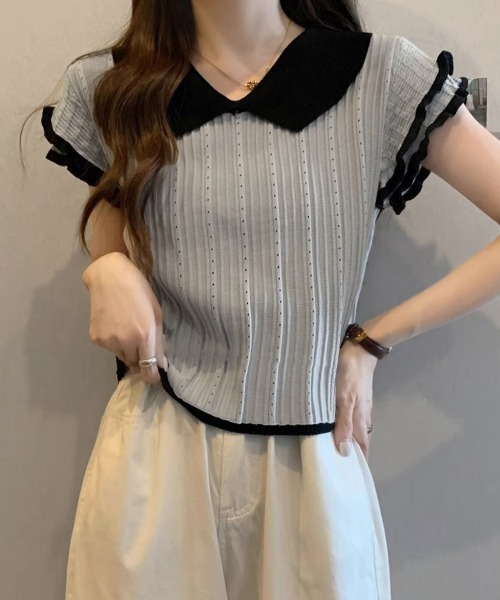 Miniministore(ミニミニストア)の「フリル袖サマーニット ポロブラウス配色襟(Tシャツ/カットソー・レディース・ブルー/ホワイト/グレー/ブラック・FREE)」の19枚目の写真