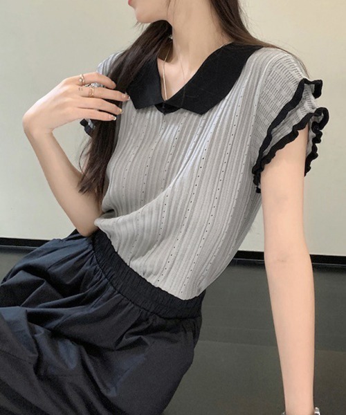 Miniministore(ミニミニストア)の「フリル袖サマーニット ポロブラウス配色襟(Tシャツ/カットソー・レディース・ブルー/ホワイト/グレー/ブラック・FREE)」の20枚目の写真