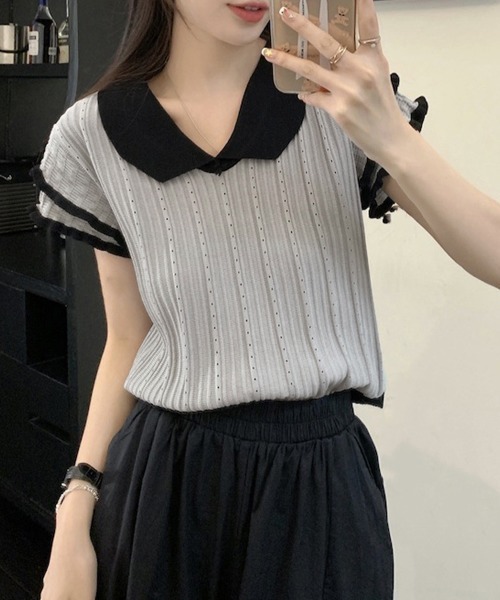 Miniministore(ミニミニストア)の「フリル袖サマーニット ポロブラウス配色襟(Tシャツ/カットソー・レディース・ブルー/ホワイト/グレー/ブラック・FREE)」の21枚目の写真