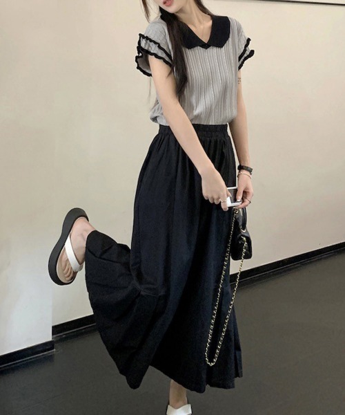 Miniministore(ミニミニストア)の「フリル袖サマーニット ポロブラウス配色襟(Tシャツ/カットソー・レディース・ブルー/ホワイト/グレー/ブラック・FREE)」の22枚目の写真
