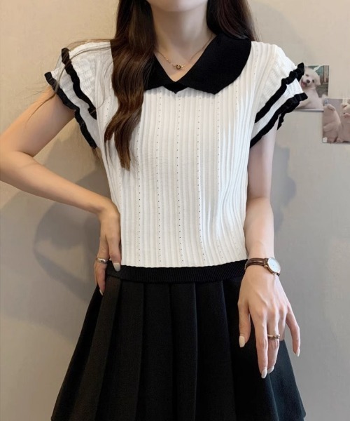 Miniministore(ミニミニストア)の「フリル袖サマーニット ポロブラウス配色襟(Tシャツ/カットソー・レディース・ブルー/ホワイト/グレー/ブラック・FREE)」の5枚目の写真