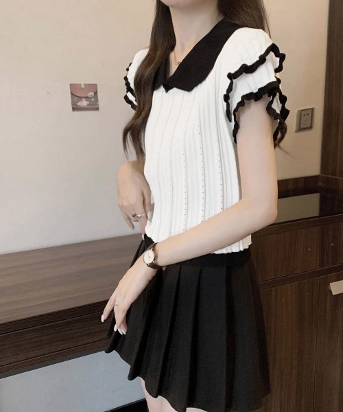 Miniministore(ミニミニストア)の「フリル袖サマーニット ポロブラウス配色襟(Tシャツ/カットソー・レディース・ブルー/ホワイト/グレー/ブラック・FREE)」の6枚目の写真