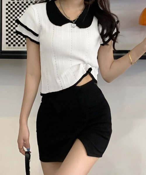 Miniministore(ミニミニストア)の「フリル袖サマーニット ポロブラウス配色襟(Tシャツ/カットソー・レディース・ブルー/ホワイト/グレー/ブラック・FREE)」の7枚目の写真