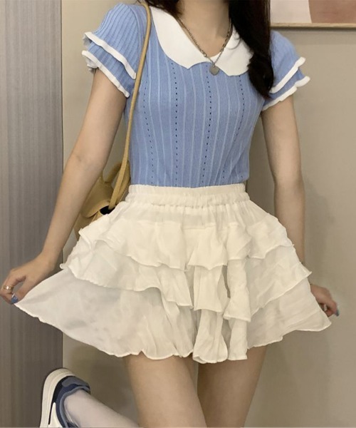 Miniministore(ミニミニストア)の「フリル袖サマーニット ポロブラウス配色襟(Tシャツ/カットソー・レディース・ブルー/ホワイト/グレー/ブラック・FREE)」の9枚目の写真