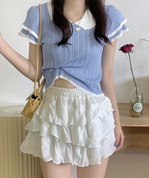Miniministore(ミニミニストア)の「フリル袖サマーニット ポロブラウス配色襟(Tシャツ/カットソー・レディース・ブルー/ホワイト/グレー/ブラック・FREE)」の10枚目の写真
