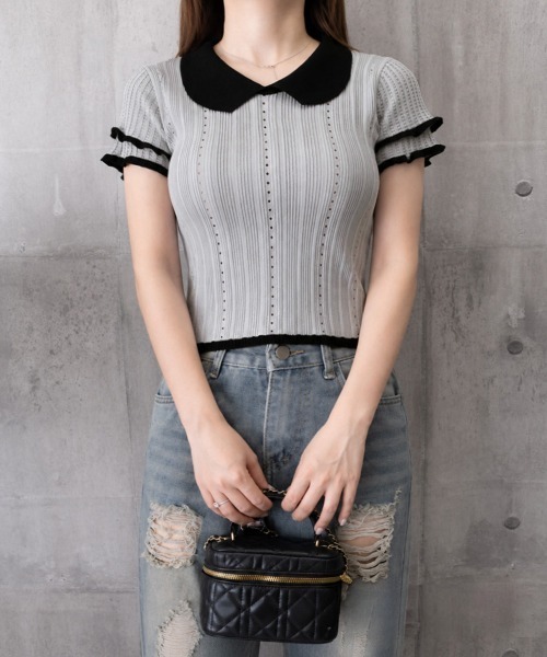 Miniministore(ミニミニストア)の「フリル袖サマーニット ポロブラウス配色襟(Tシャツ/カットソー・レディース・ブルー/ホワイト/グレー/ブラック・FREE)」の11枚目の写真