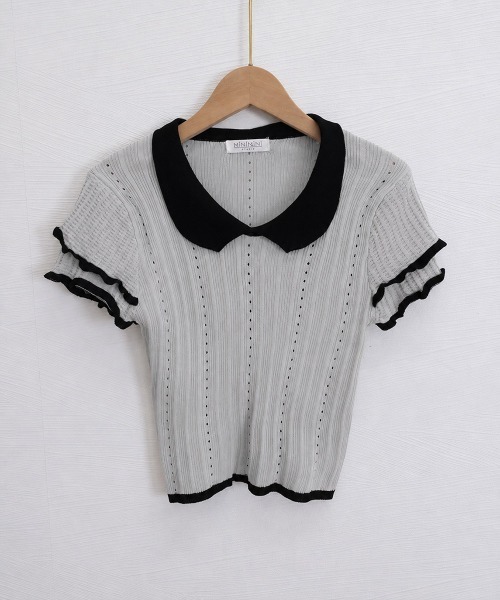 Miniministore(ミニミニストア)の「フリル袖サマーニット ポロブラウス配色襟(Tシャツ/カットソー・レディース・ブルー/ホワイト/グレー/ブラック・FREE)」の15枚目の写真