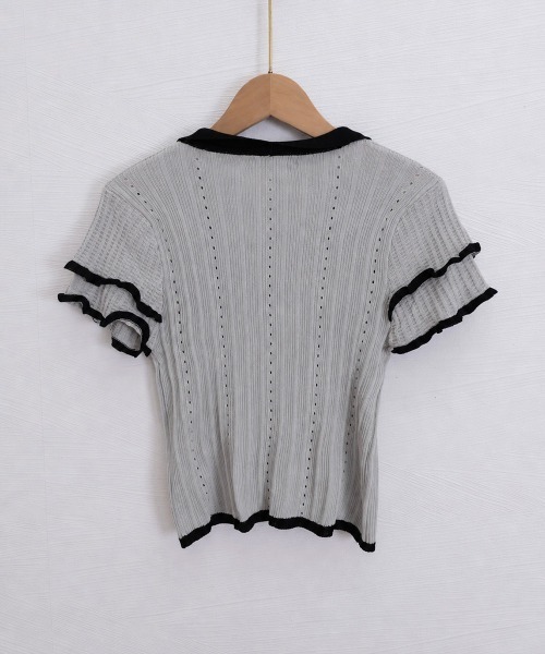 Miniministore(ミニミニストア)の「フリル袖サマーニット ポロブラウス配色襟(Tシャツ/カットソー・レディース・ブルー/ホワイト/グレー/ブラック・FREE)」の16枚目の写真