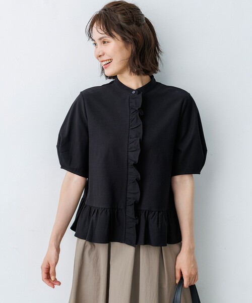 組曲 S(クミキョク チイサイサイズ)の「ツイルジャージーフリル 半袖カットソー(Tシャツ/カットソー・レディース・サックスブルー系/ホワイト系/ブラック系・S2)」の2枚目の写真