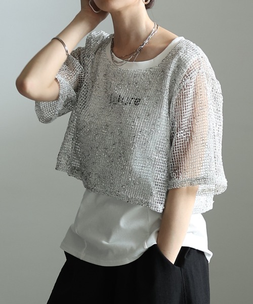 Sawa a la mode(サワアラモード)の「フェイクレイヤード異素材トップス(Tシャツ/カットソー・レディース・ブラック/ホワイト・FREE)」の1枚目の写真