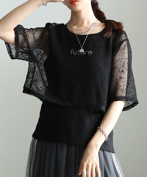 Sawa a la mode(サワアラモード)の「フェイクレイヤード異素材トップス(Tシャツ/カットソー・レディース・ブラック/ホワイト・FREE)」の2枚目の写真
