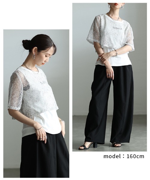 Sawa a la mode(サワアラモード)の「フェイクレイヤード異素材トップス(Tシャツ/カットソー・レディース・ブラック/ホワイト・FREE)」の6枚目の写真