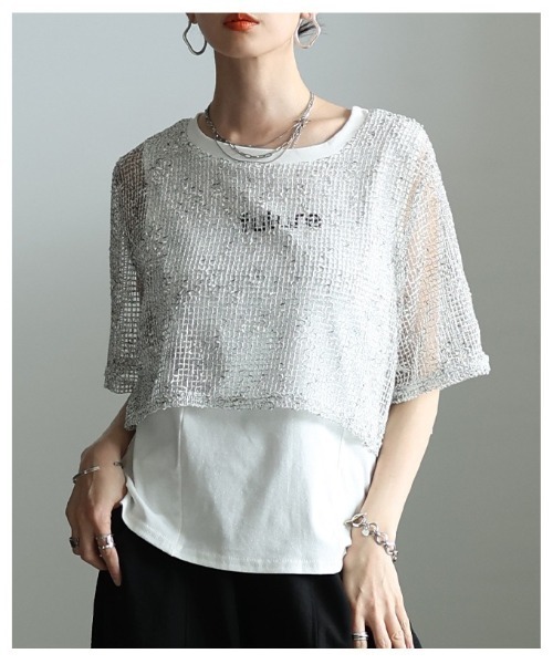 Sawa a la mode(サワアラモード)の「フェイクレイヤード異素材トップス(Tシャツ/カットソー・レディース・ブラック/ホワイト・FREE)」の9枚目の写真