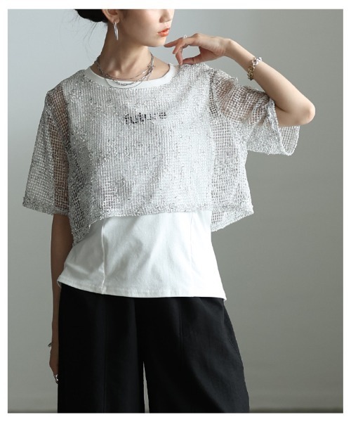 Sawa a la mode(サワアラモード)の「フェイクレイヤード異素材トップス(Tシャツ/カットソー・レディース・ブラック/ホワイト・FREE)」の11枚目の写真