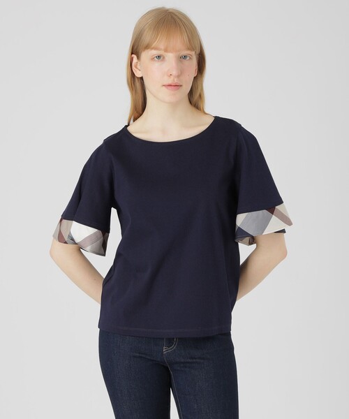 BLUE LABEL CRESTBRIDGE パフスリーブ Tシャツ セール】【一部店舗限定】パーシャルチェックスリーブトップス（T