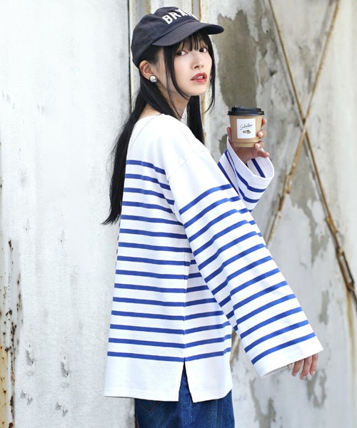 zootie(ズーティー)の「ほぼシミヘン加工 フレンチバスク オーバーサイズカットソー(Tシャツ/カットソー・レディース・ホワイト×ブラック/ホワイト×グレー/ベージュ系その他/ブルー系その他/ネイビー×ホワイト/ネイビー系1・フリー)」の9枚目の写真