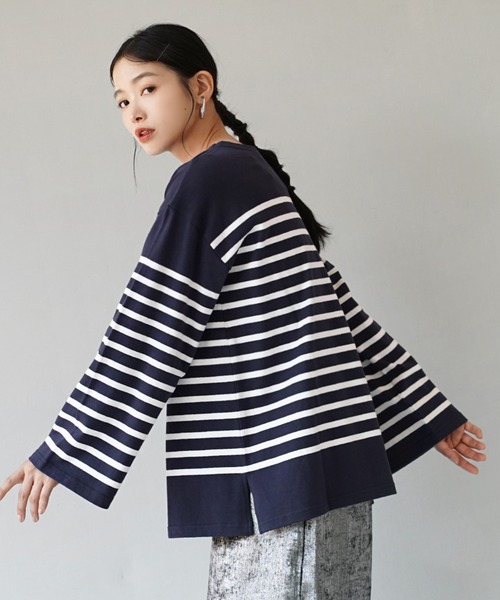 zootie(ズーティー)の「ほぼシミヘン加工 フレンチバスク オーバーサイズカットソー(Tシャツ/カットソー・レディース・ホワイト×ブラック/ホワイト×グレー/ベージュ系その他/ブルー系その他/ネイビー×ホワイト/ネイビー系1・フリー)」の10枚目の写真
