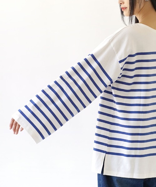 zootie(ズーティー)の「ほぼシミヘン加工 フレンチバスク オーバーサイズカットソー(Tシャツ/カットソー・レディース・ホワイト×ブラック/ホワイト×グレー/ベージュ系その他/ブルー系その他/ネイビー×ホワイト/ネイビー系1・フリー)」の8枚目の写真