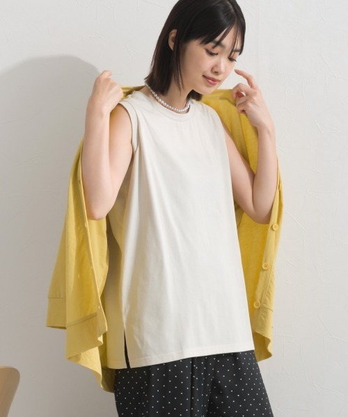 OMNES(オムネス)の「プレーティング天竺 クルーネック ノースリーブTシャツ UVカット付(Tシャツ/カットソー・レディース・ホワイト×ネイビー/チャコールグレー/ネイビー/ライトグレー・FREE)」の1枚目の写真