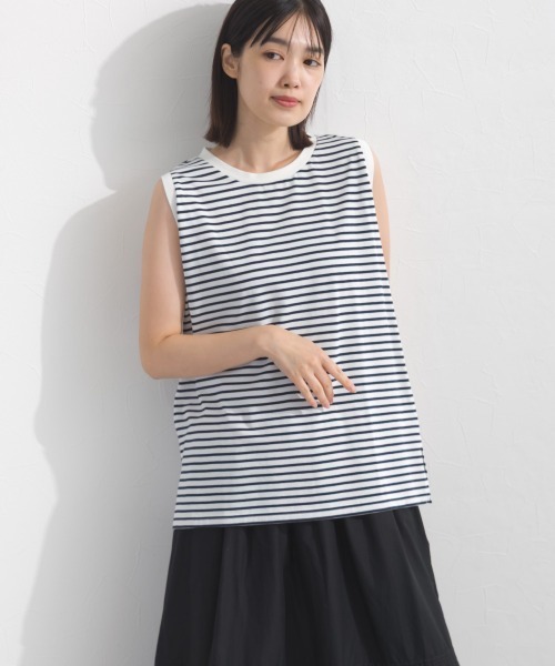 OMNES(オムネス)の「プレーティング天竺 クルーネック ノースリーブTシャツ UVカット付(Tシャツ/カットソー・レディース・ホワイト×ネイビー/チャコールグレー/ネイビー/ライトグレー・FREE)」の5枚目の写真
