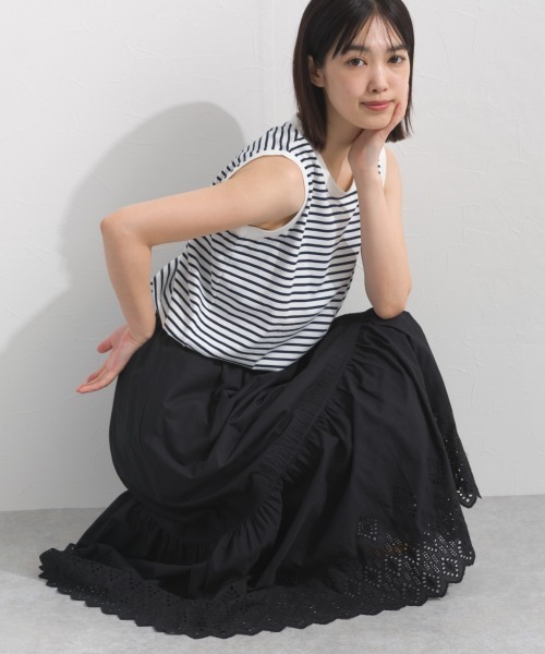 OMNES(オムネス)の「プレーティング天竺 クルーネック ノースリーブTシャツ UVカット付(Tシャツ/カットソー・レディース・ホワイト×ネイビー/チャコールグレー/ネイビー/ライトグレー・FREE)」の9枚目の写真