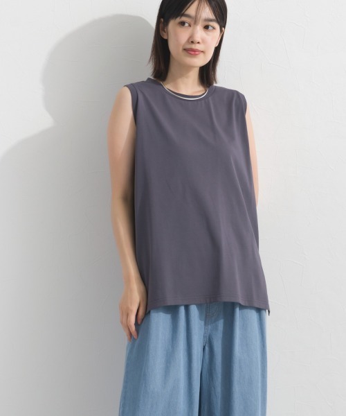 OMNES(オムネス)の「プレーティング天竺 クルーネック ノースリーブTシャツ UVカット付(Tシャツ/カットソー・レディース・ホワイト×ネイビー/チャコールグレー/ネイビー/ライトグレー・FREE)」の11枚目の写真