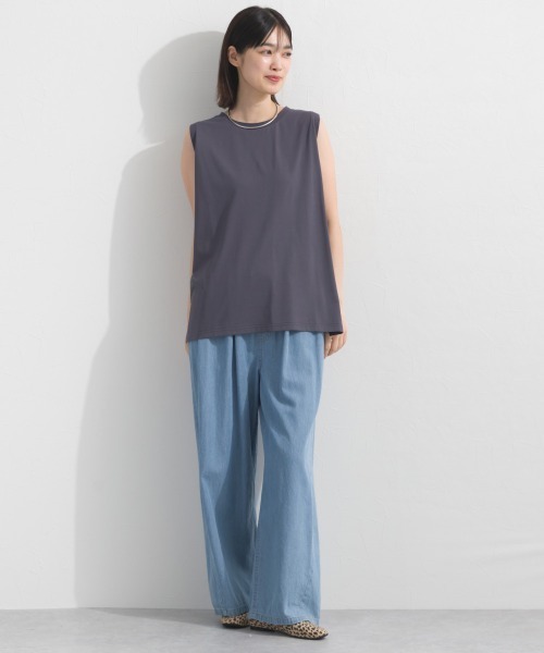 OMNES(オムネス)の「プレーティング天竺 クルーネック ノースリーブTシャツ UVカット付(Tシャツ/カットソー・レディース・ホワイト×ネイビー/チャコールグレー/ネイビー/ライトグレー・FREE)」の14枚目の写真